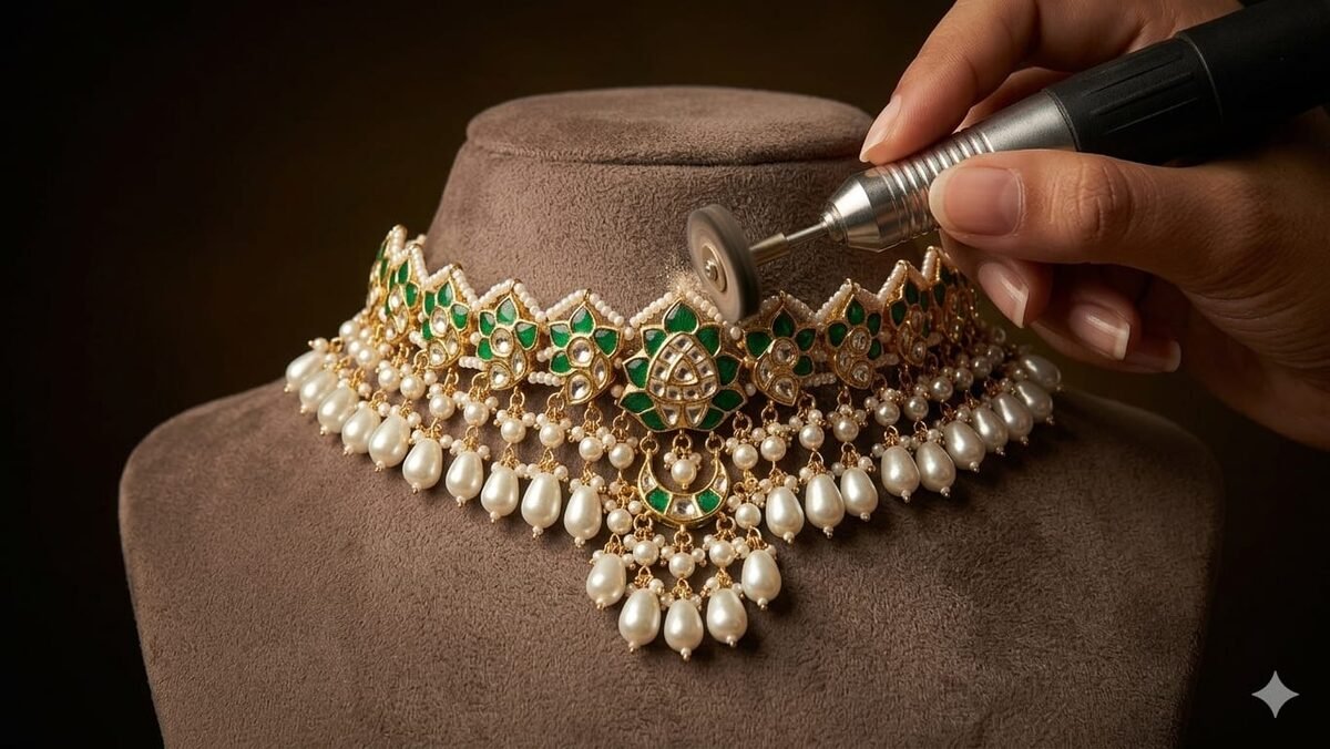 Artisan hand-setting a Kundan choker in the Jaipur atelier
