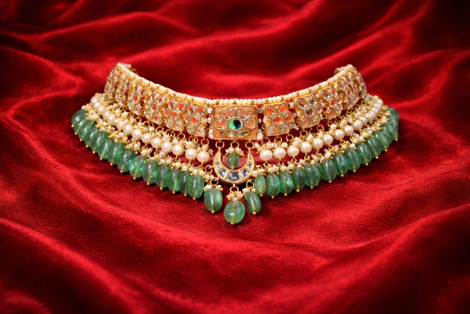 Gold Kundan choker with emerald drops on red velvet