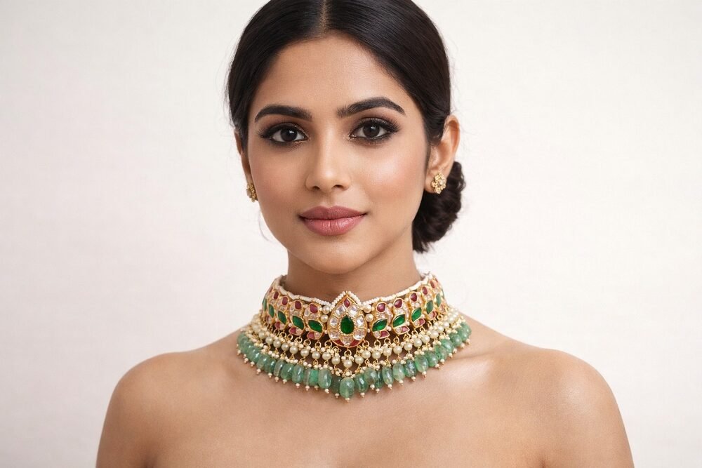 Bride wearing a SKI SILVERZ emerald choker